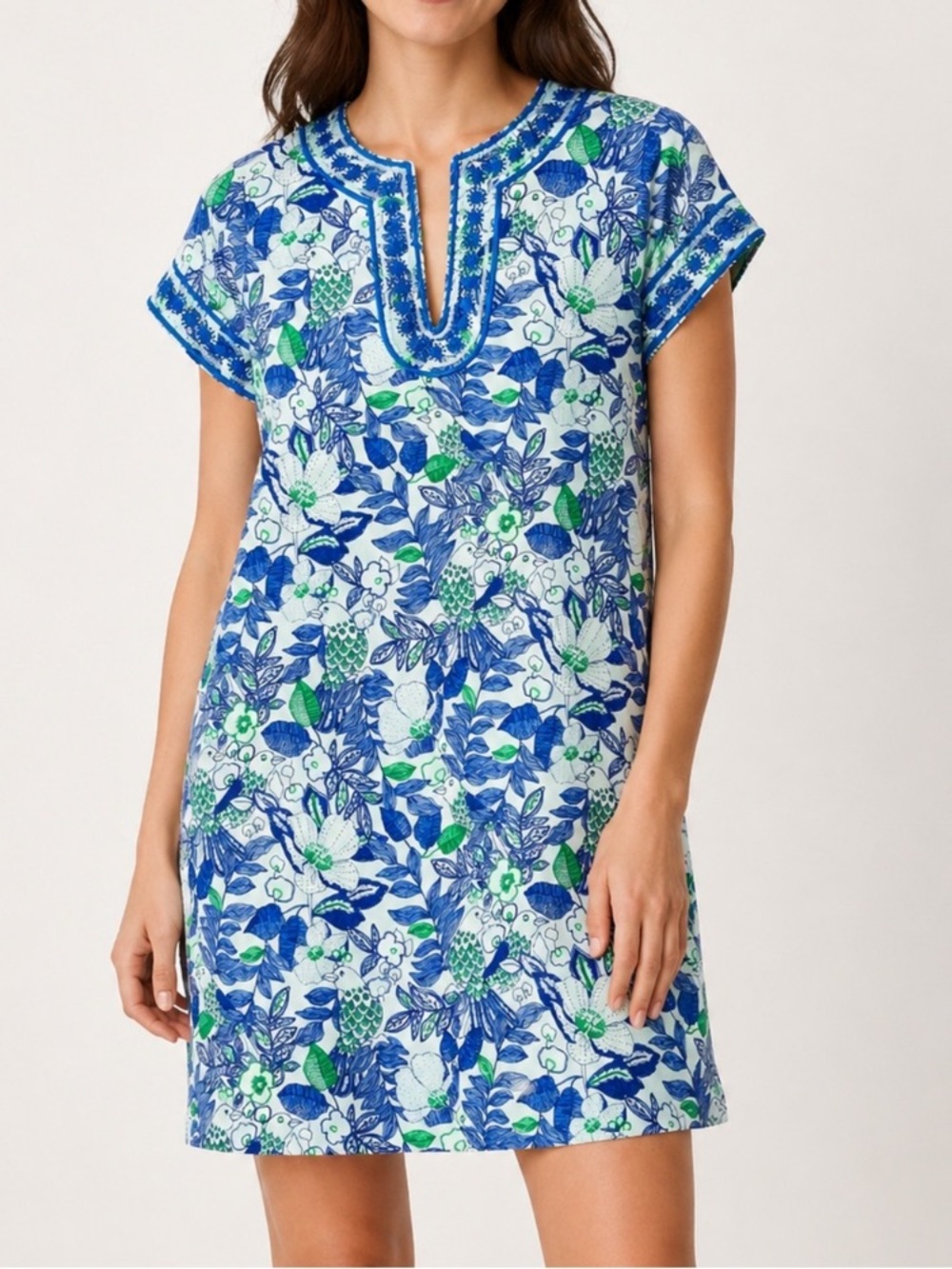 Vineyard Vines Women’s Blue & Green Floral-Leaf Embroidered Mini Dress